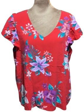OLD NAVY Ladies Red Floral Hawaiian V-Neck Rayon Ruffle Sleeves Top Size Large